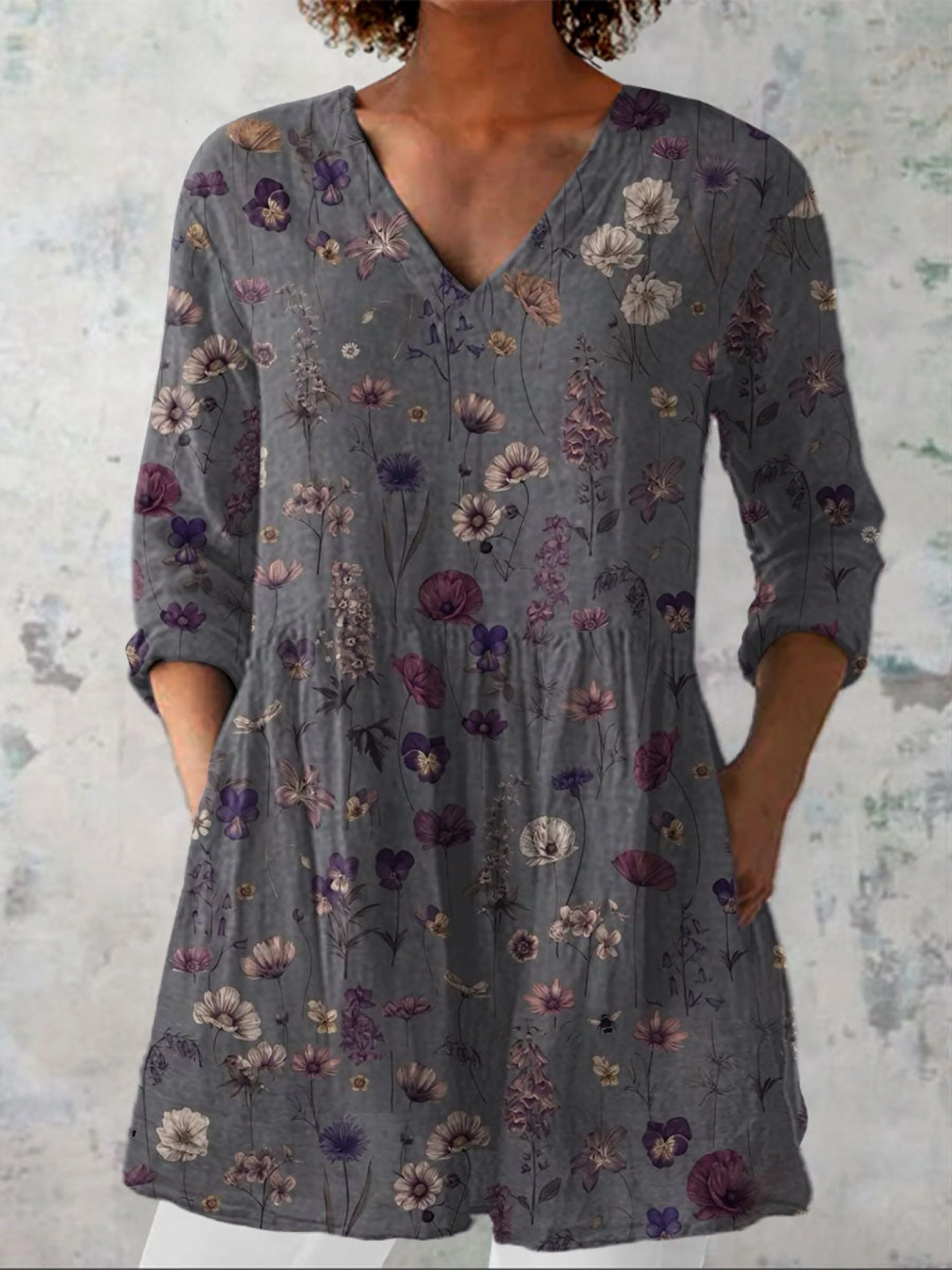 VAELITHYN – FLORAL ART PRINT LINEN V-NECK TUNIC
