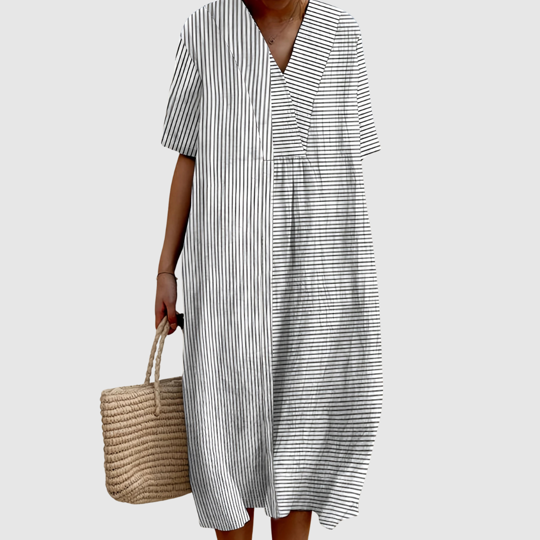 CYRALINA – MONOCHROME STRIPE PANEL MIDI DRESS