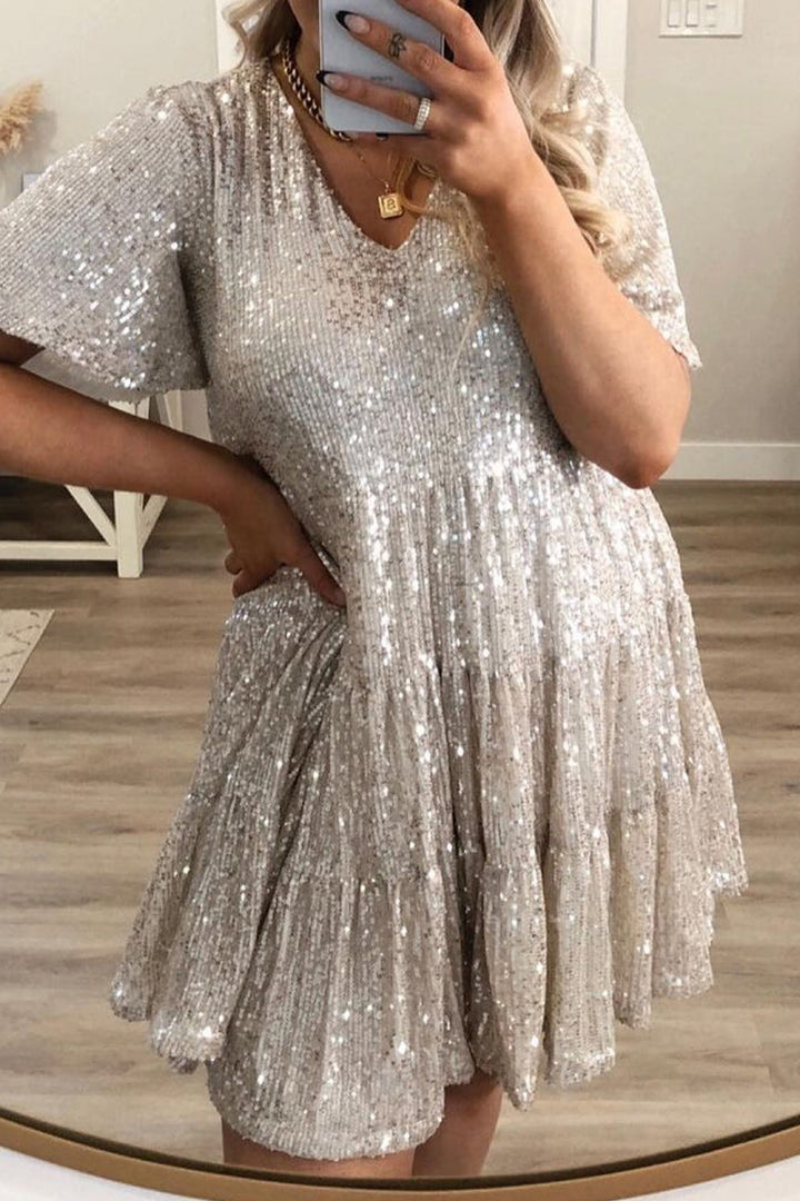 ILLYRIA – CASUAL SOLID SEQUINED A-LINE DRESS