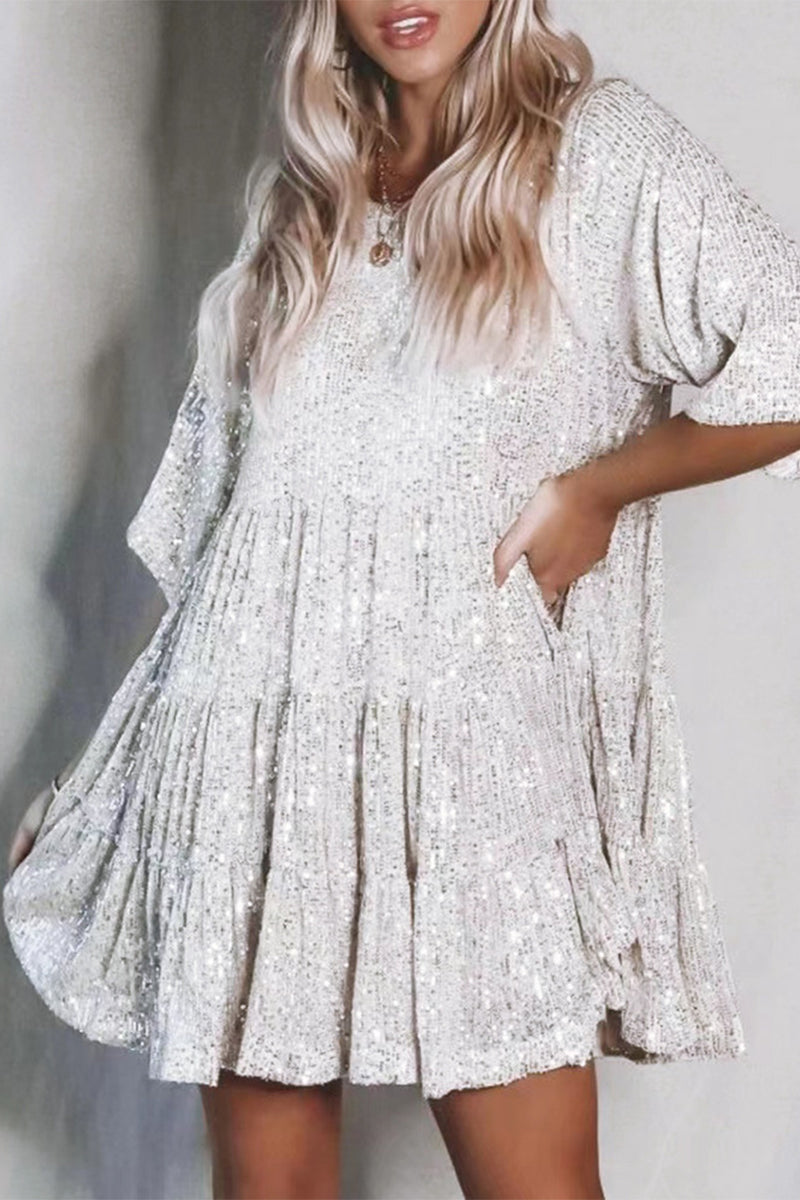 ILLYRIA – CASUAL SOLID SEQUINED A-LINE DRESS