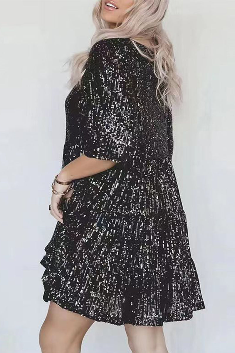 ILLYRIA – CASUAL SOLID SEQUINED A-LINE DRESS
