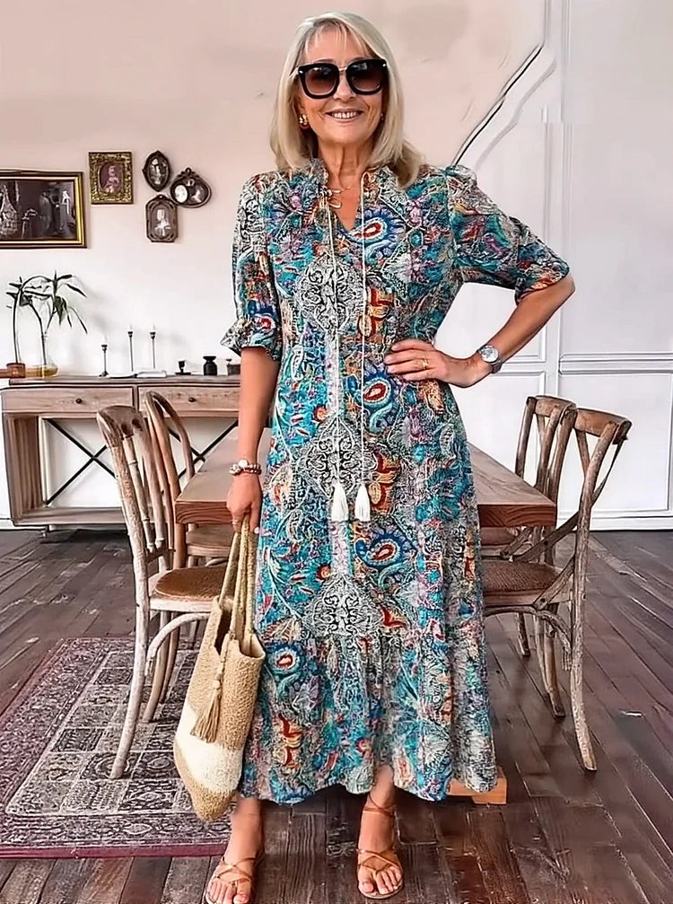 AMARANTHE – BOHO DRAWSTRING NECK MAXI DRESS