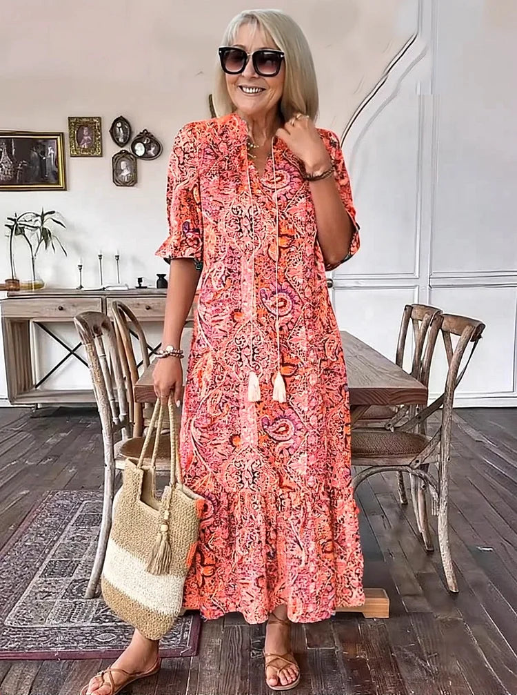 AMARANTHE – BOHO DRAWSTRING NECK MAXI DRESS