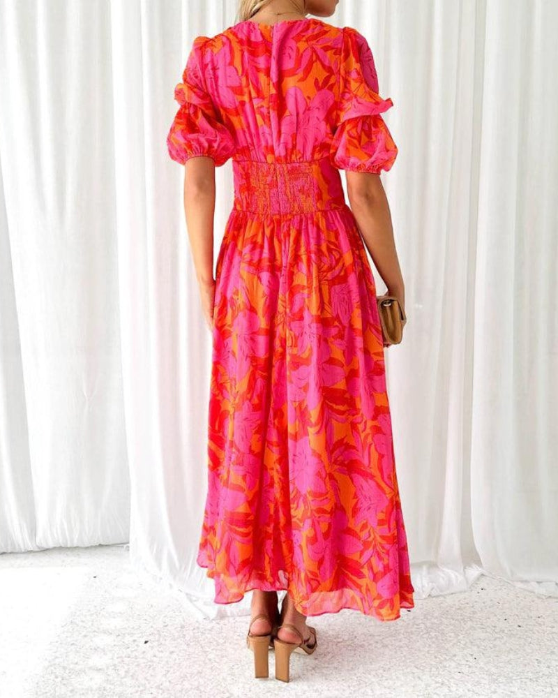 Zynelle - Elegant V-neck Puff Sleeve Maxi Dress
