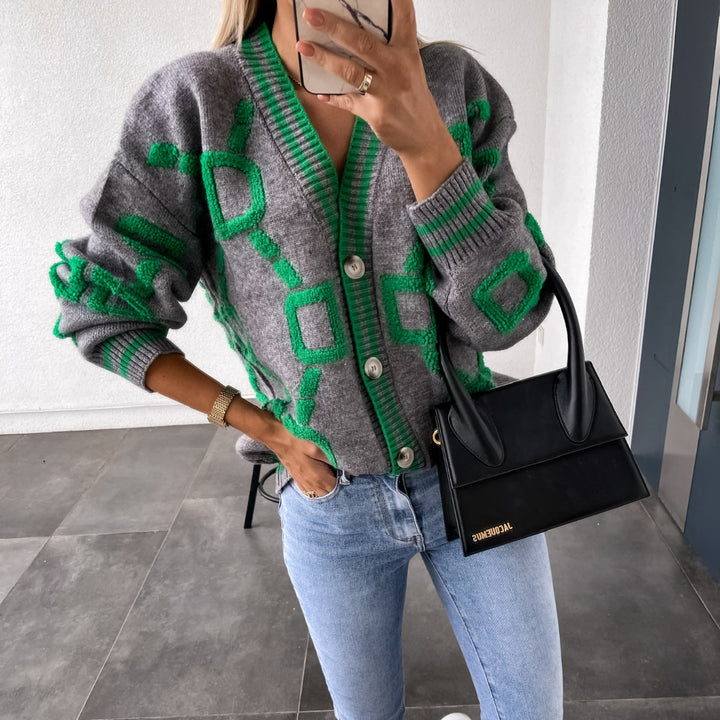 ELENAVYNNE – V-NECK CASUAL COLOR CONTRAST KNIT CARDIGAN