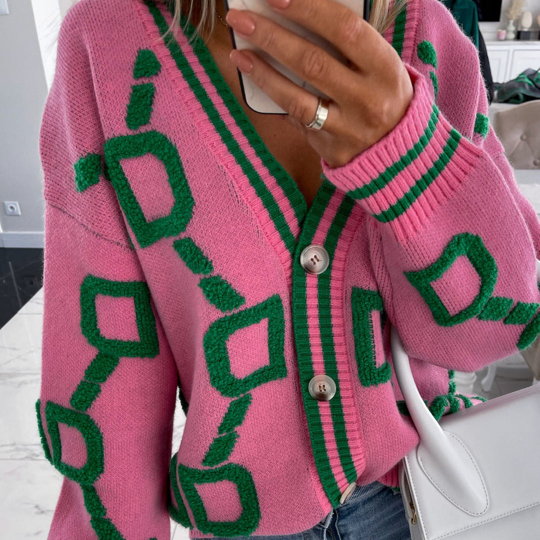 ELENAVYNNE – V-NECK CASUAL COLOR CONTRAST KNIT CARDIGAN