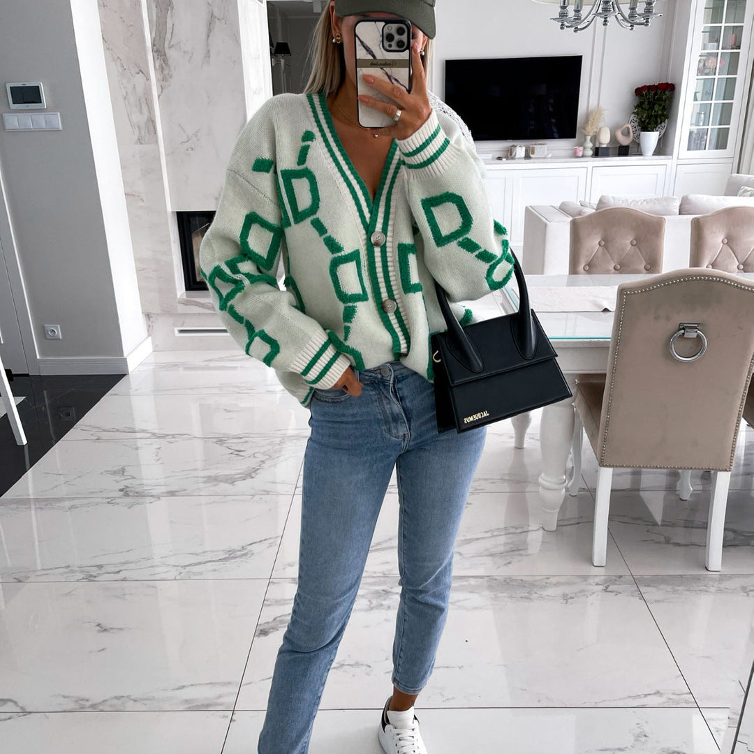ELENAVYNNE – V-NECK CASUAL COLOR CONTRAST KNIT CARDIGAN