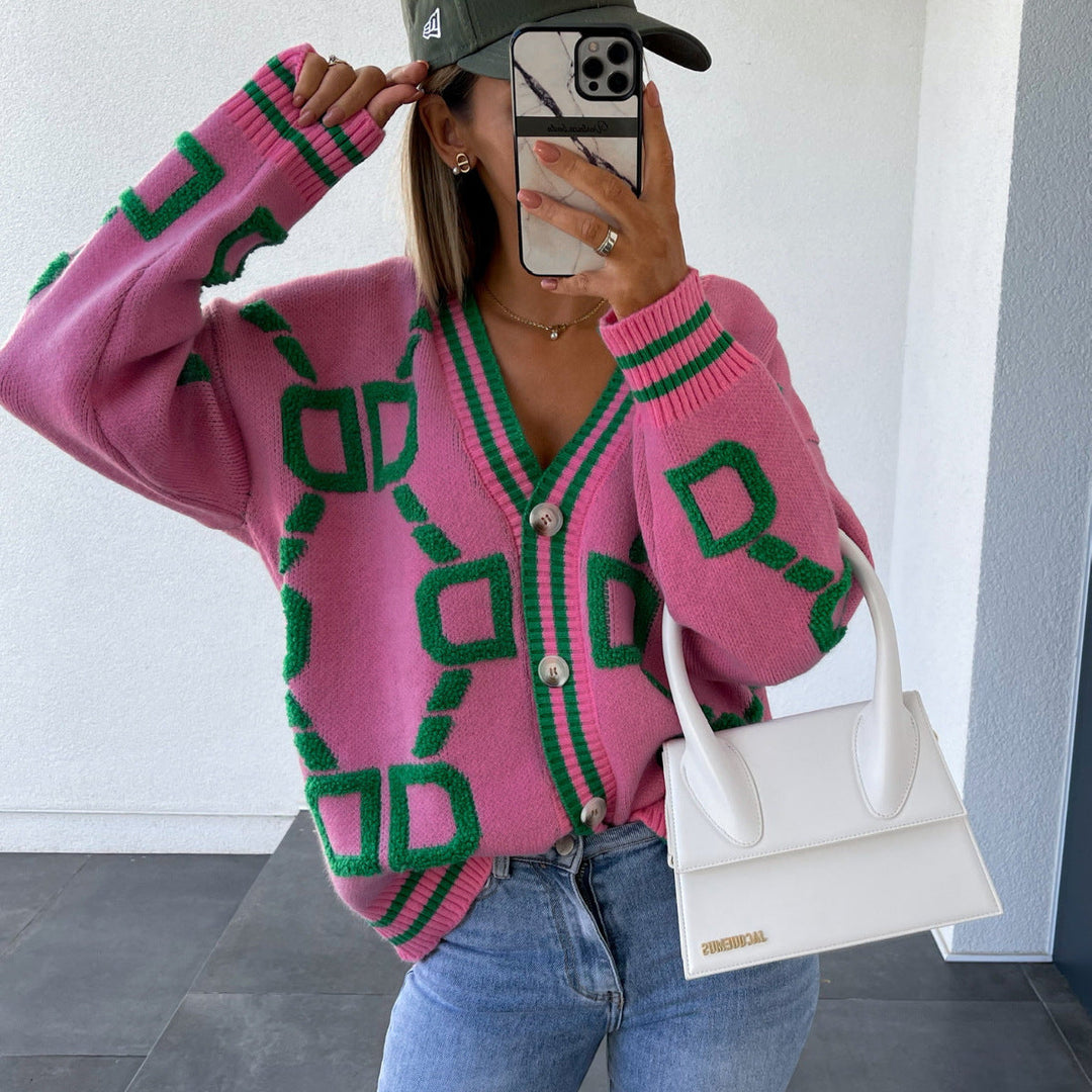 ELENAVYNNE – V-NECK CASUAL COLOR CONTRAST KNIT CARDIGAN