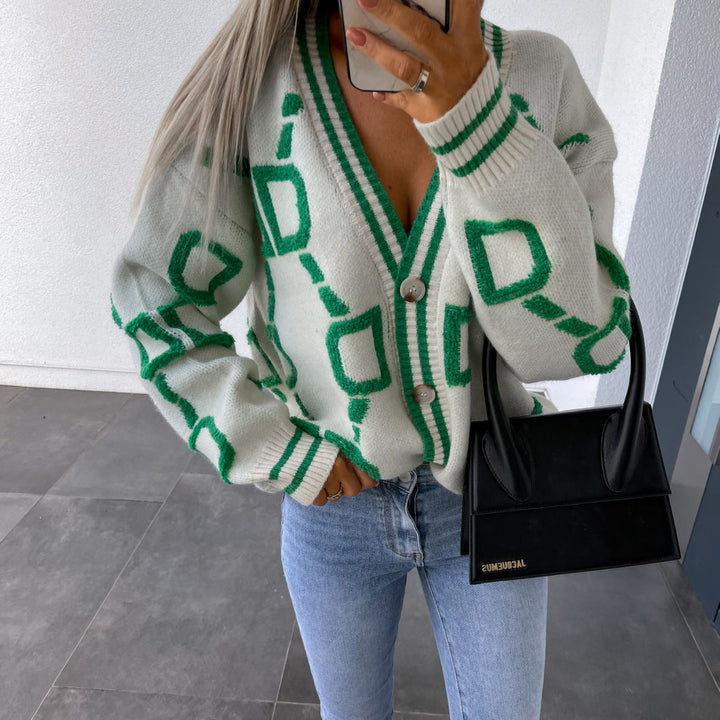 ELENAVYNNE – V-NECK CASUAL COLOR CONTRAST KNIT CARDIGAN