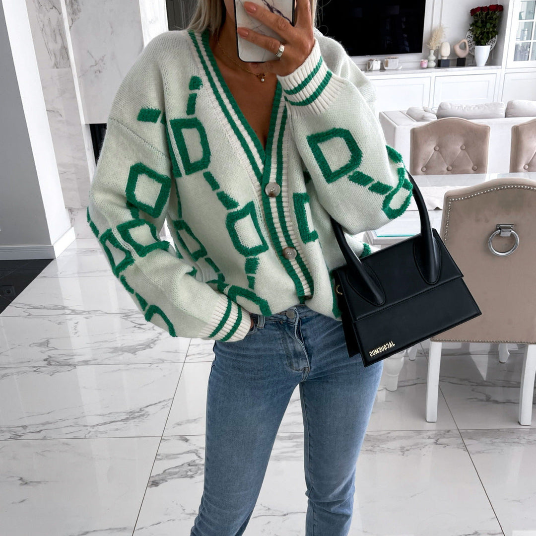 ELENAVYNNE – V-NECK CASUAL COLOR CONTRAST KNIT CARDIGAN