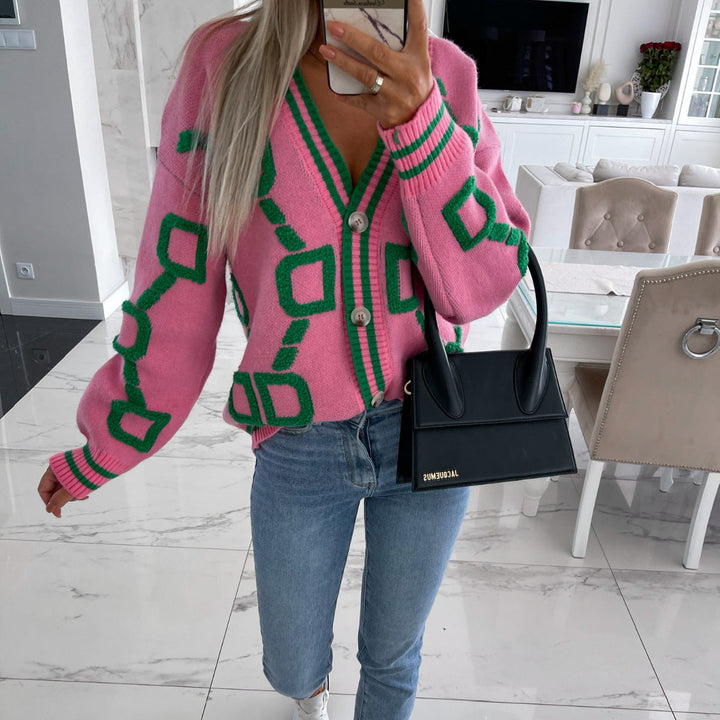 ELENAVYNNE – V-NECK CASUAL COLOR CONTRAST KNIT CARDIGAN