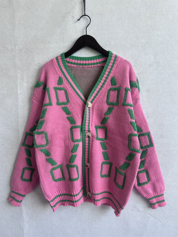 ELENAVYNNE – V-NECK CASUAL COLOR CONTRAST KNIT CARDIGAN