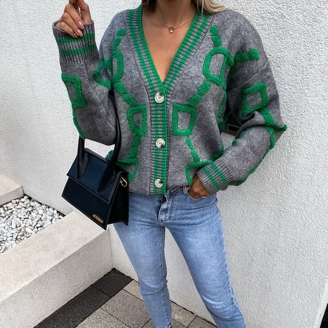 ELENAVYNNE – V-NECK CASUAL COLOR CONTRAST KNIT CARDIGAN