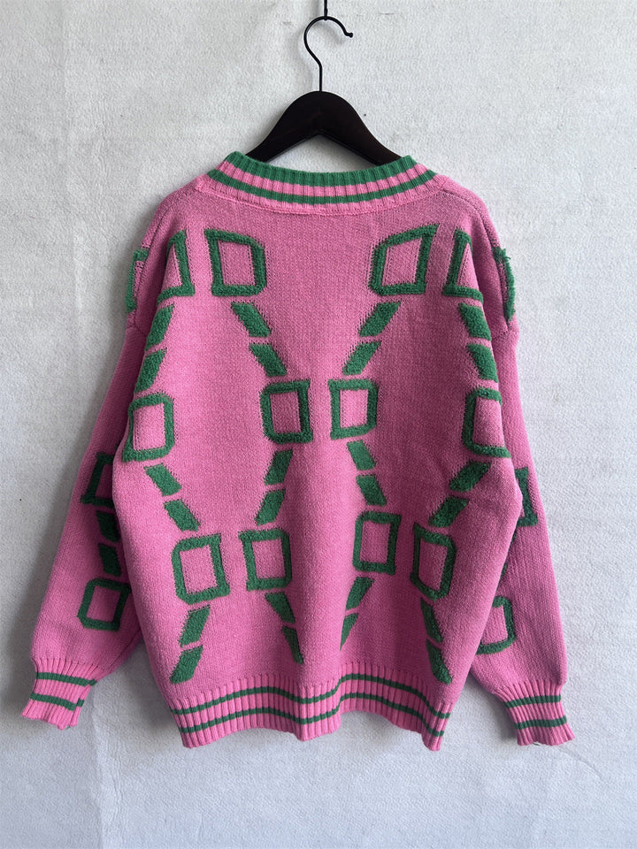 ELENAVYNNE – V-NECK CASUAL COLOR CONTRAST KNIT CARDIGAN