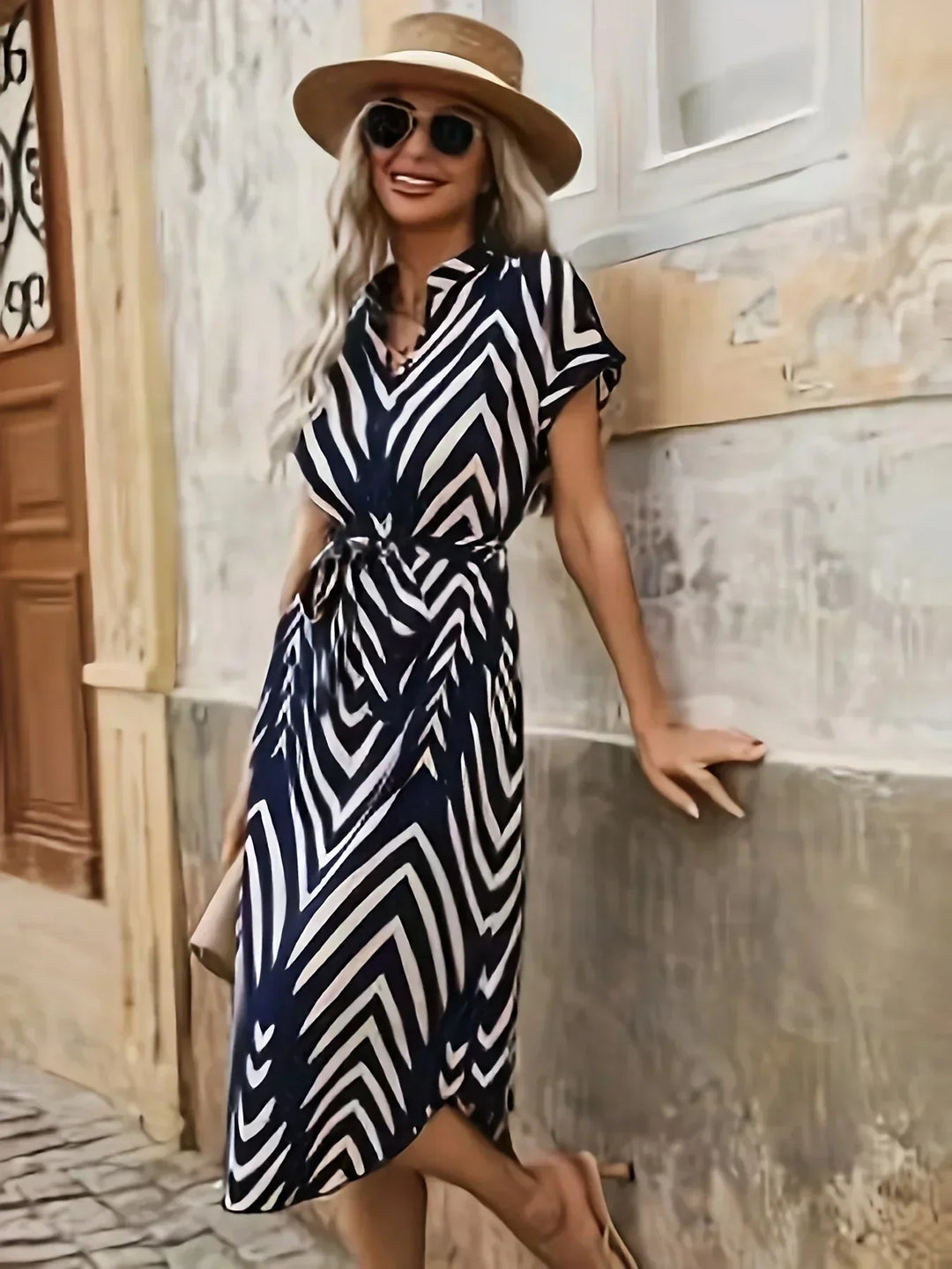 JAEFLORA – GEOMETRIC PATTERN DRESS WITH WAIST KNOT