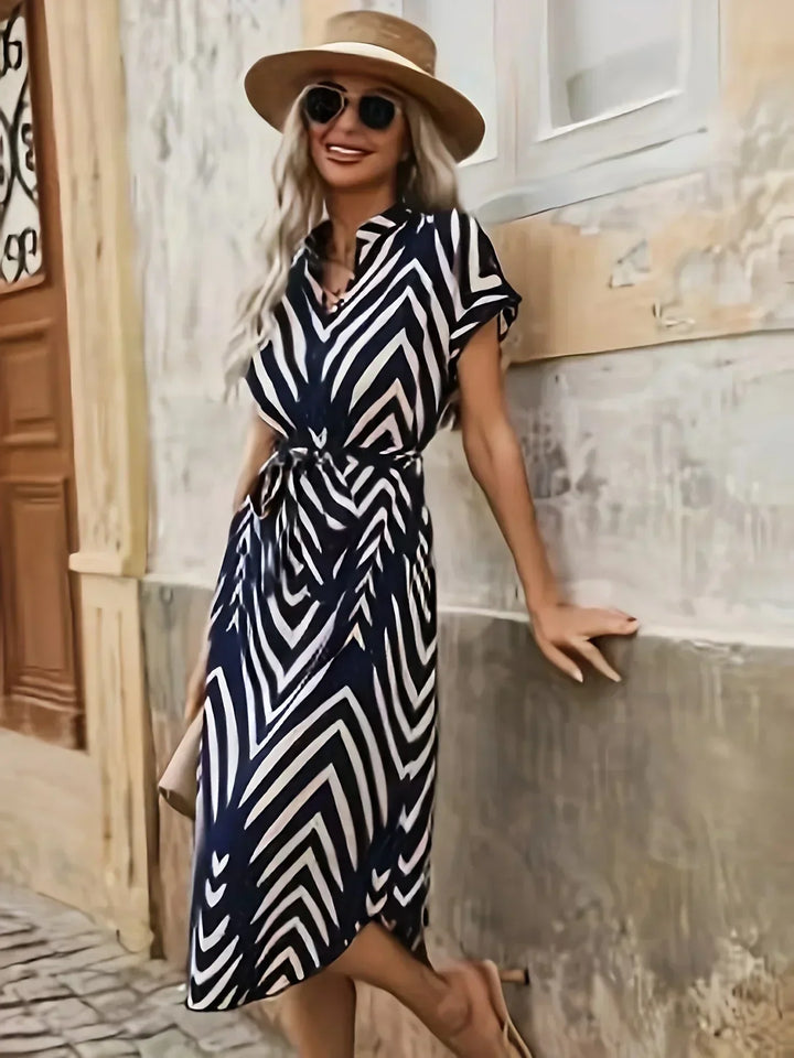 JAEFLORA – GEOMETRIC PATTERN DRESS WITH WAIST KNOT