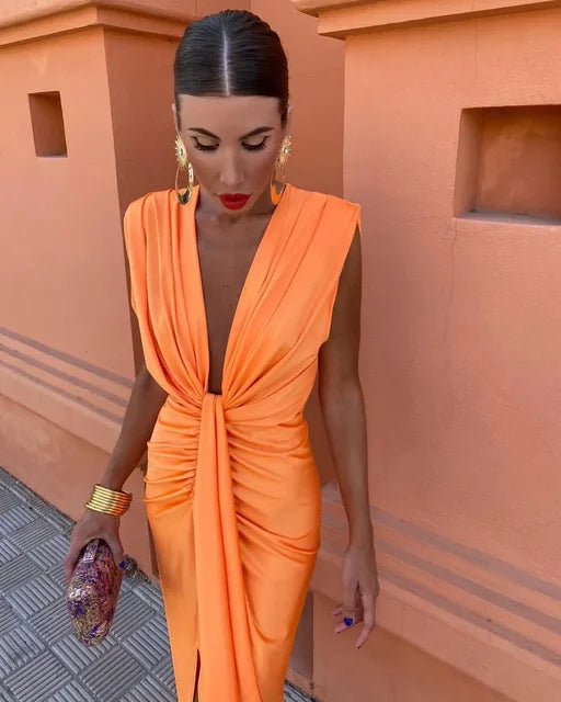 AVALYSHA – SUNSET RUCHED V-NECK DRESS