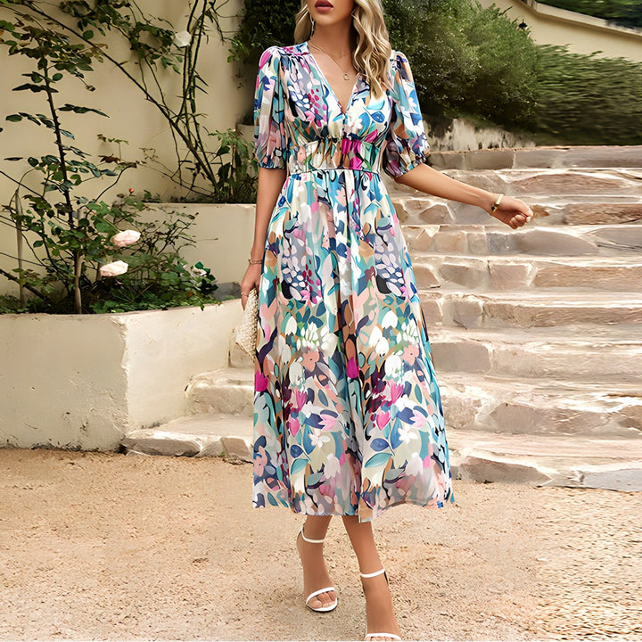 CALYRA – V-NECK MIDI DRESS WITH BOLD PRINT & BRIGHT COLORS