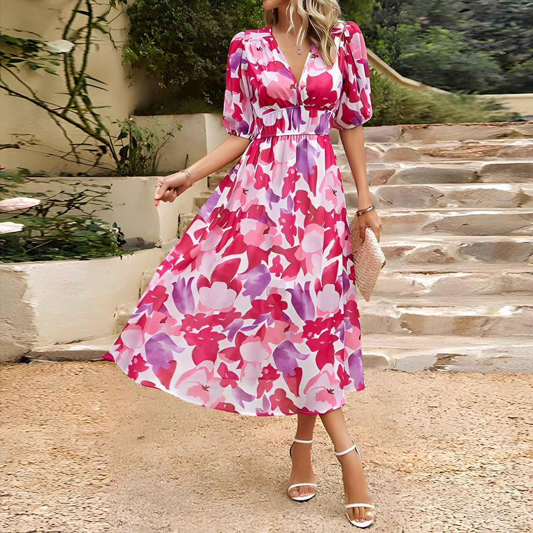 CALYRA – V-NECK MIDI DRESS WITH BOLD PRINT & BRIGHT COLORS