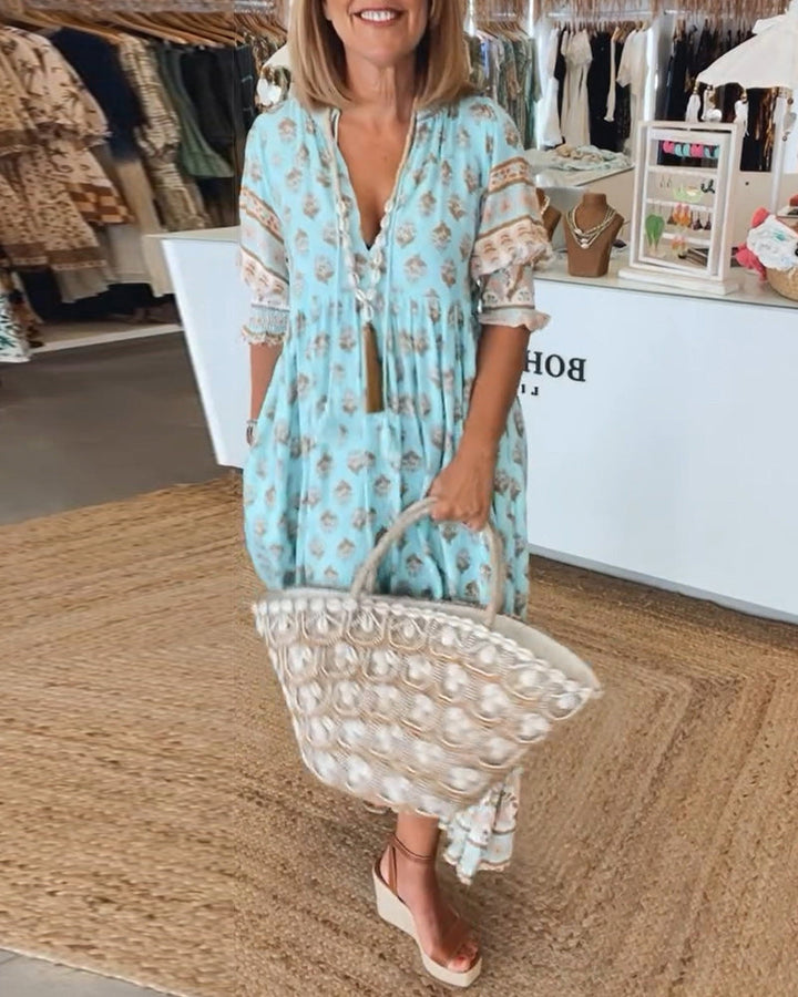 KINSLEY – LONG LANTERN SLEEVE BOHEMIAN DRESS
