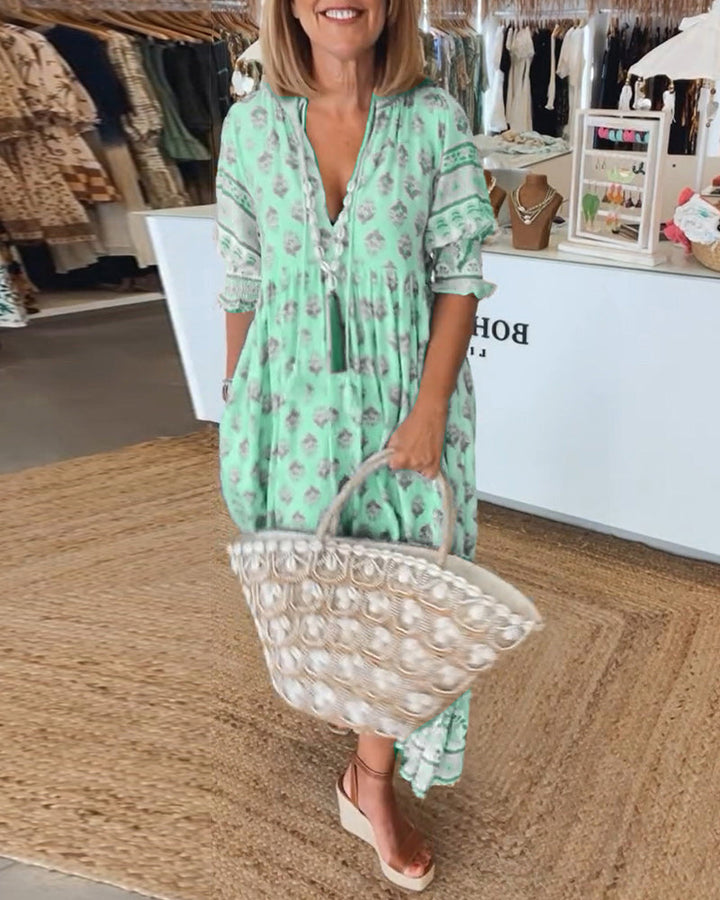 KINSLEY – LONG LANTERN SLEEVE BOHEMIAN DRESS