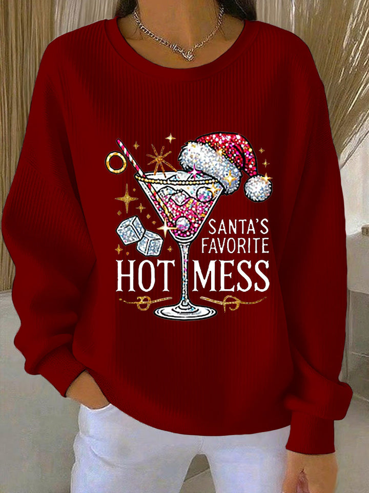 Women's Santa's Favorite Hot Mess Print Casual  Ribbed Round-Neck Sweatshirt